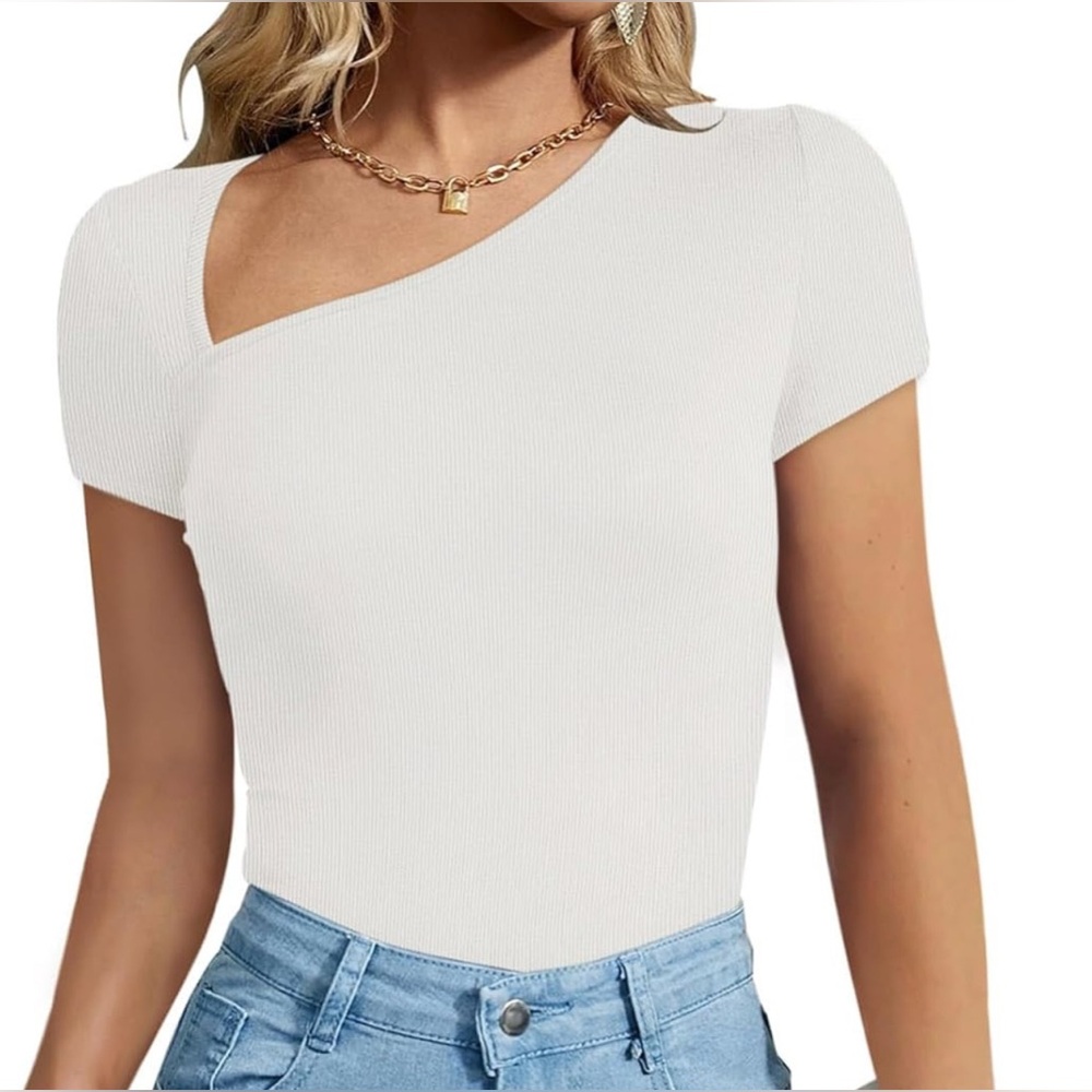 REORIA Women's Sexy Asymmetrical Neck Short Sleeve Ribbed Slimming Bodysuit